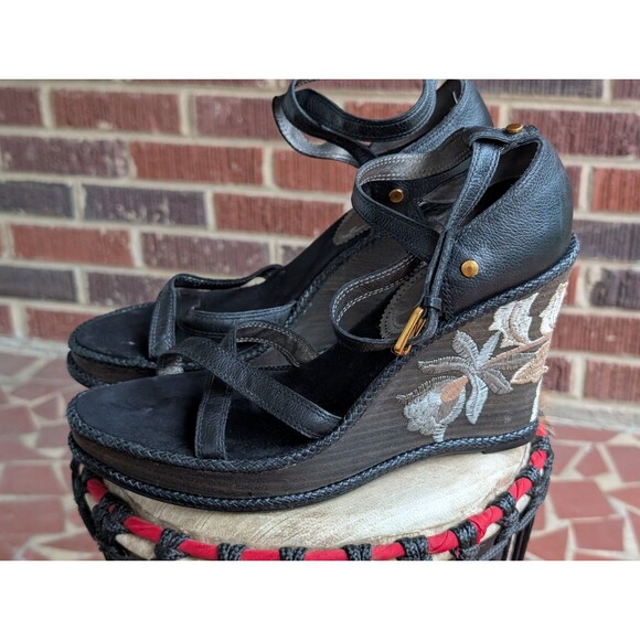 J VINCENT Wedge Leather Sandals -Floral Embroidered-Black- Size 10M - Picture 2 of 12